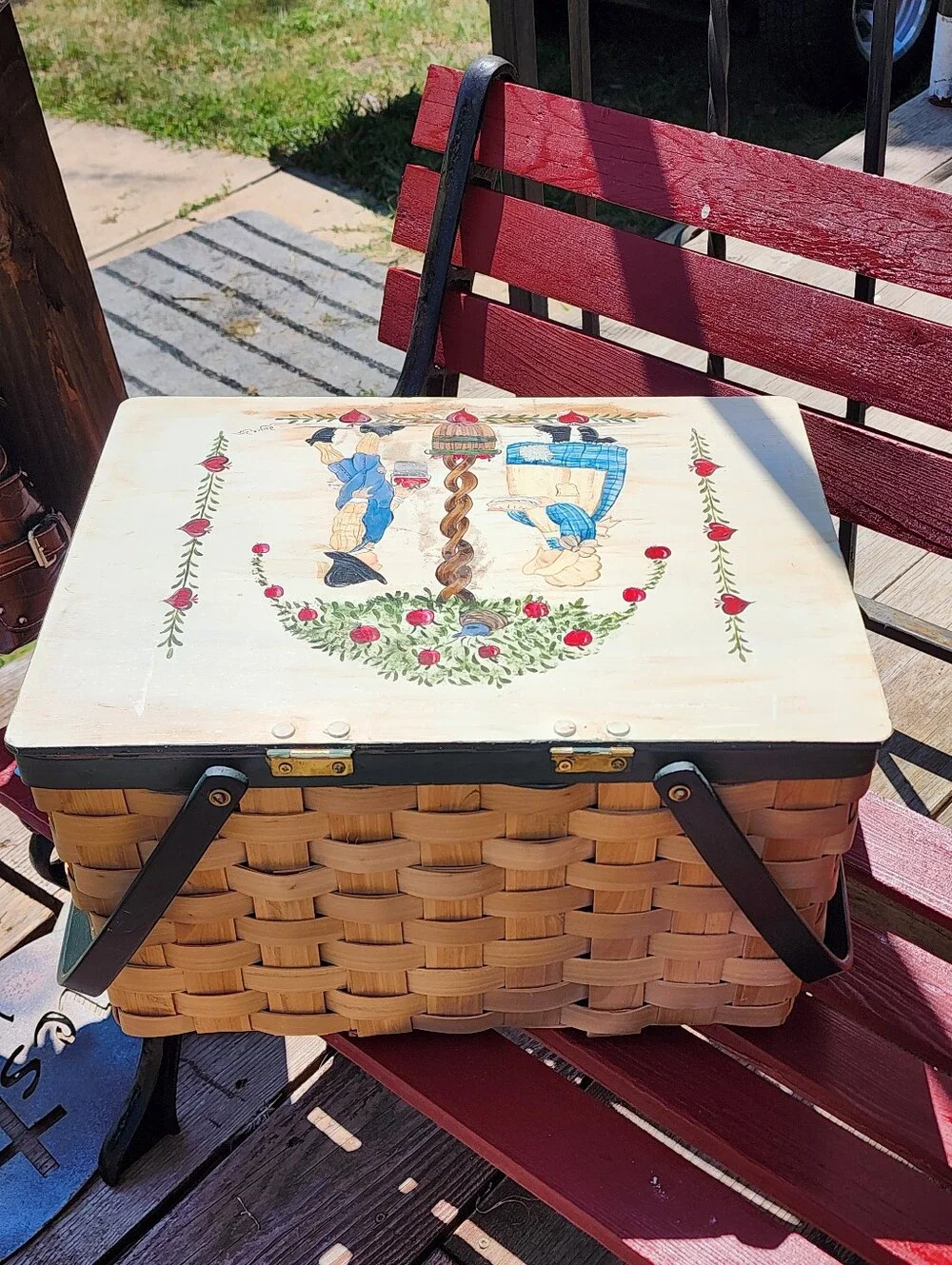 Vintage Tole Painted Woven Picnic Basket Wood Folk Artist Signed 2000 Rare HTF